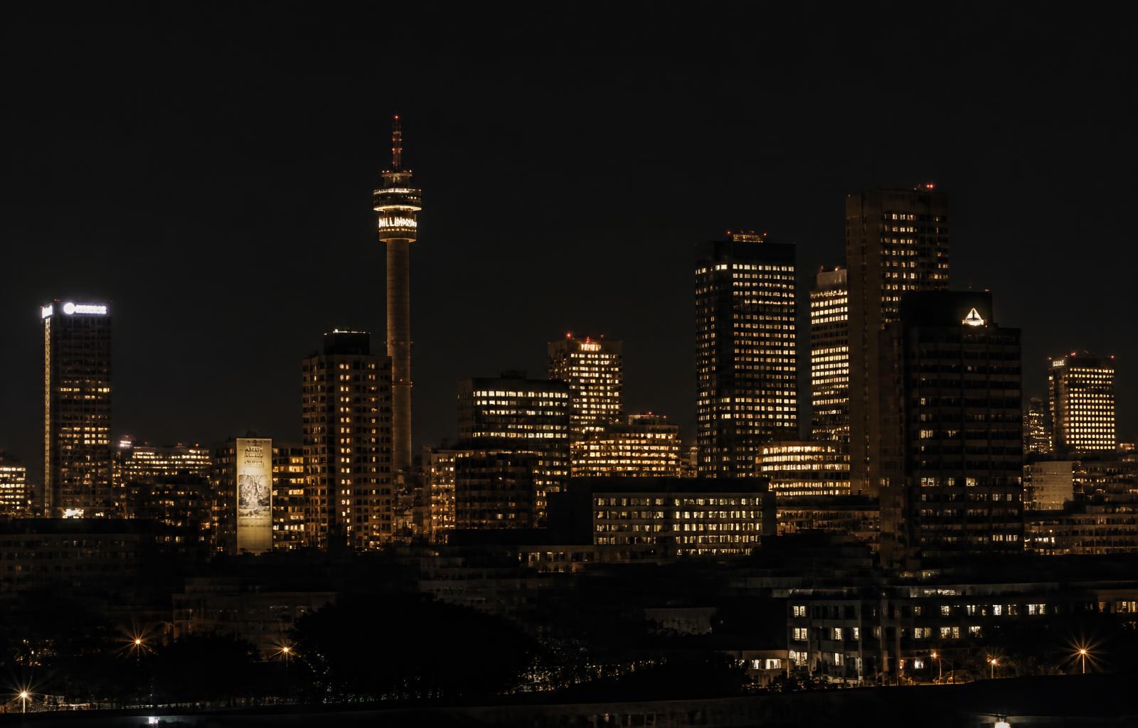 Johannesburg city skyline lit up at night